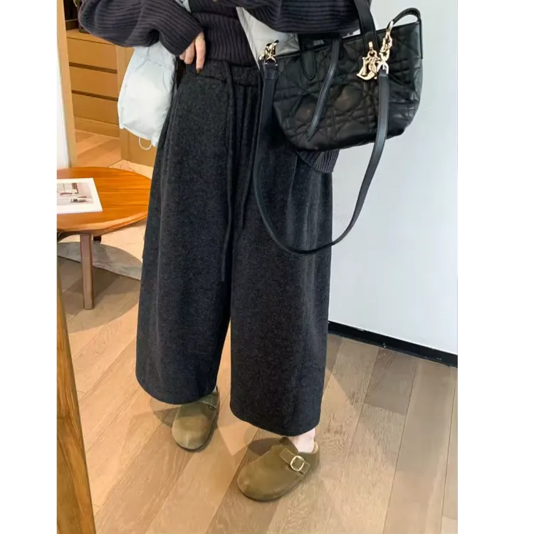 深灰色系绳加绒毛呢休闲裤2025秋冬新款梨形身材显瘦宽松阔腿裤