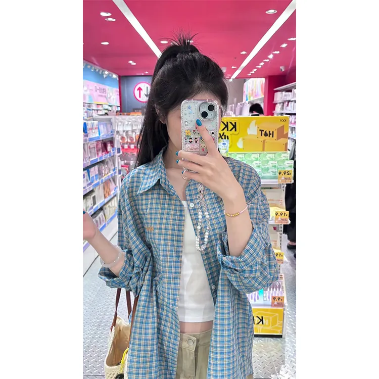 时尚穿搭女士秋季翻领长袖格子韩系气质清新衬衫上衣直筒休闲裤