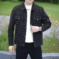 男翻领短款男士秋冬修身翻领夹克提花罗纹下摆耐磨