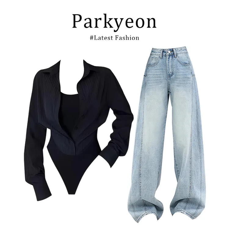 parkyeon韩系辣妹纯欲风假两件连体衬衫修身显瘦牛仔裤早秋套装女