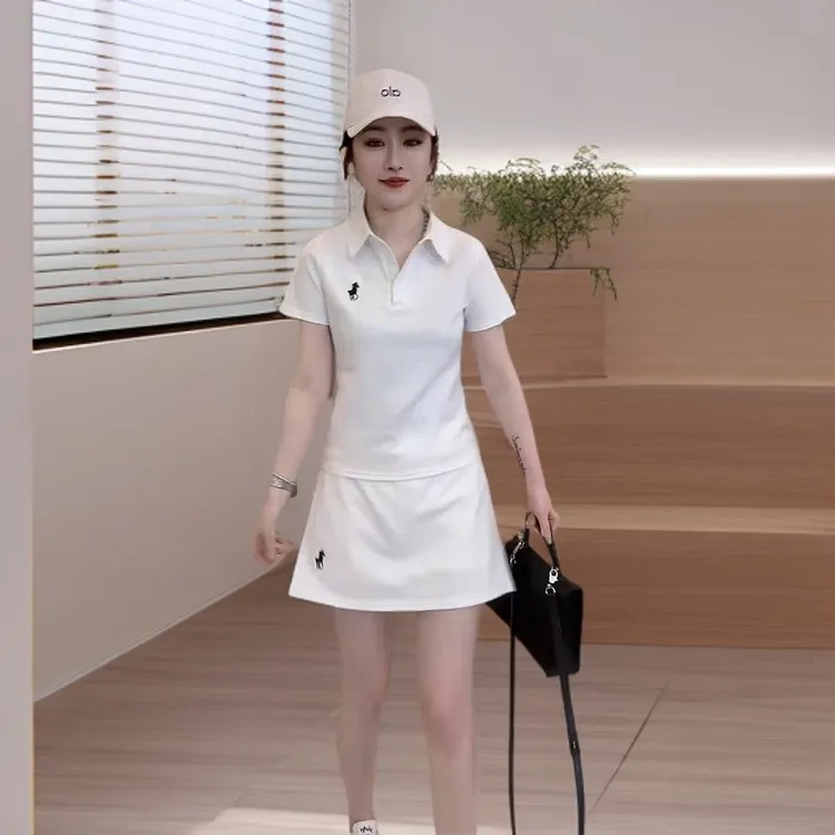 夏季韩版高端时尚刺绣POLO领短袖上衣高腰半身裙洋气休闲两件套女