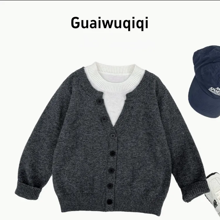 儿童秋季套头假两件设计款针织毛衣男女童韩版洋气打底衫简约