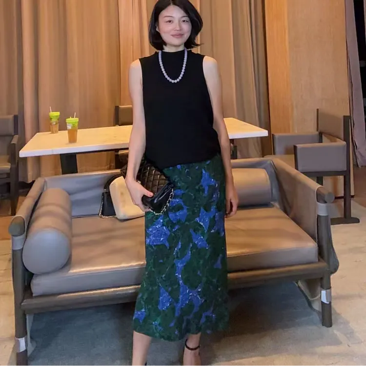TANTAN  真丝 100 气质绿色印花半裙1782