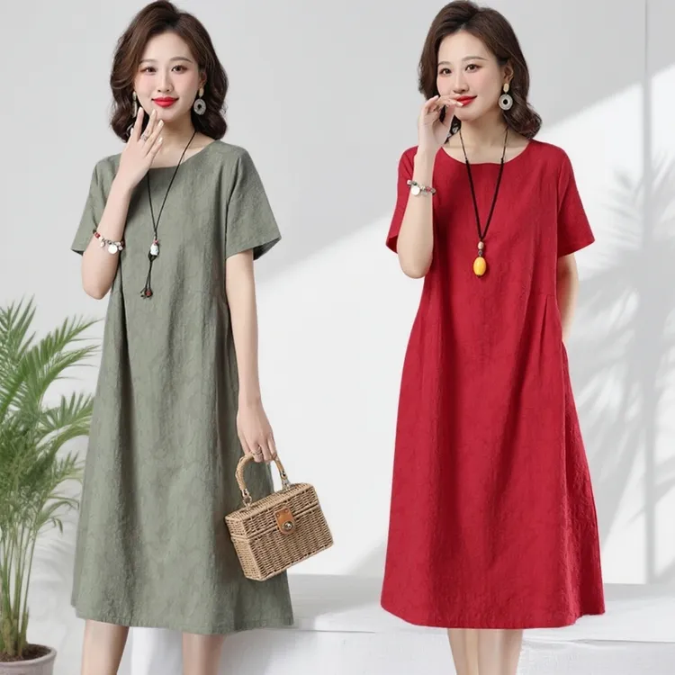 VALVOELITE宽松休闲复古洋气提花短袖连衣裙女显瘦时尚气质中长裙