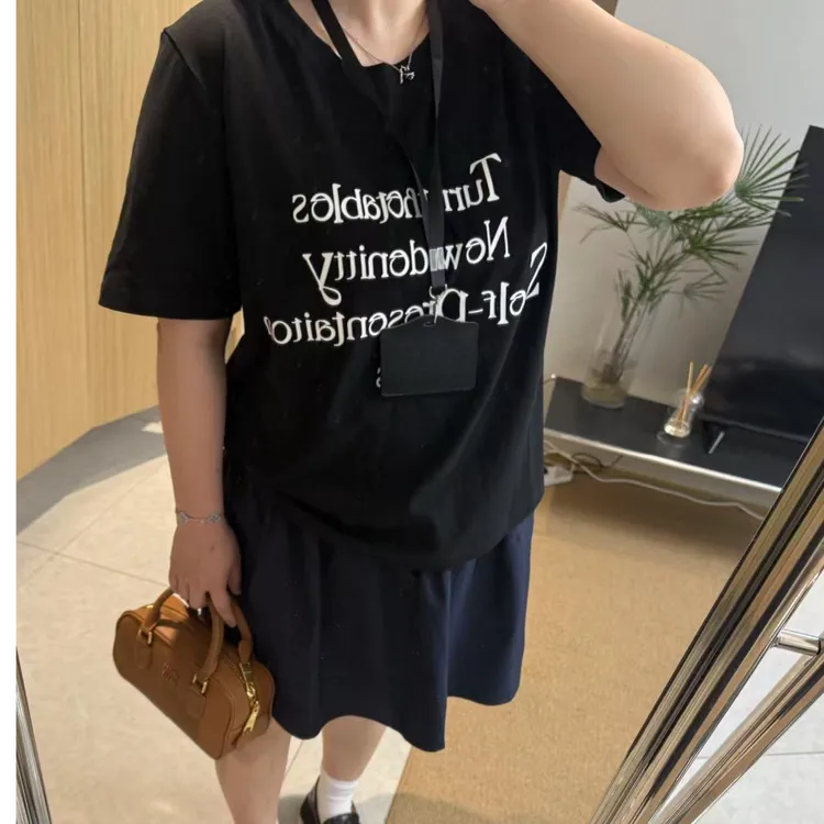 夏季新款正肩显瘦极简风白色字母印花短袖T恤宽松大码女装微胖mm