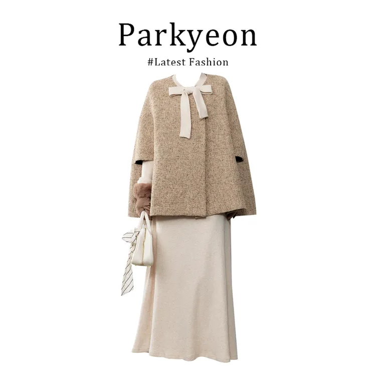 INS CEC韩系小香风斗篷外套女2025秋季V领系带长袖连衣裙两件套