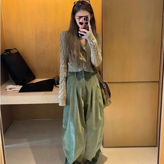 短款麻花针织毛衣两色春季长袖百搭显瘦上衣宽松阔腿长裤时尚套装