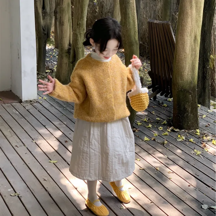 壹妈休闲套装秋冬季田园风黄色开衫外套女童高领打底衫夹棉半身裙