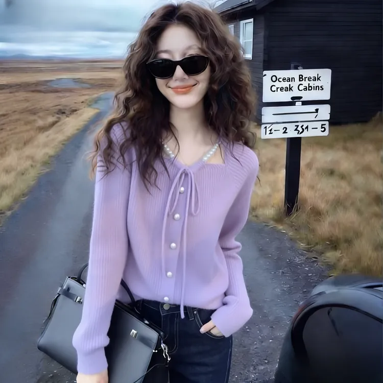 甜美风紫色蝴蝶结系带针织开衫女秋冬季新款时尚洋气百搭毛衣外套