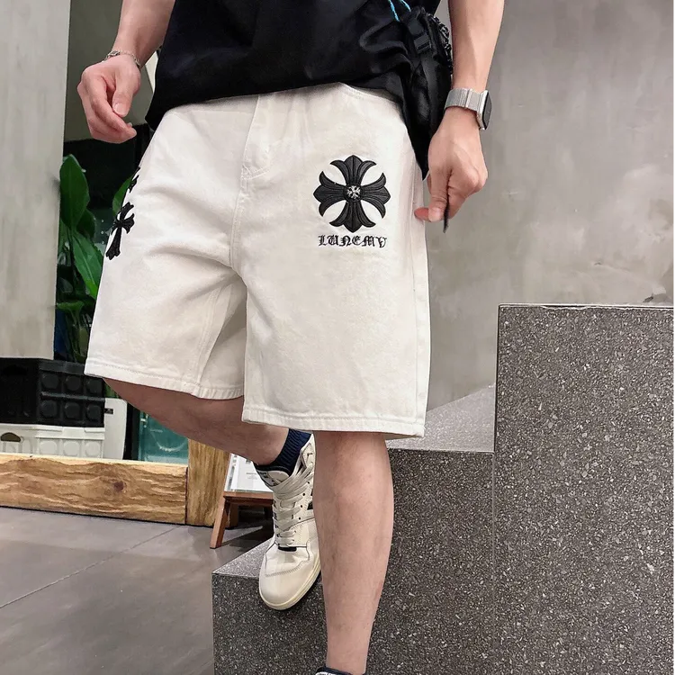 高端系列男士短裤五分裤重工水洗牛仔拼皮刺绣吸汗透气轻薄2071