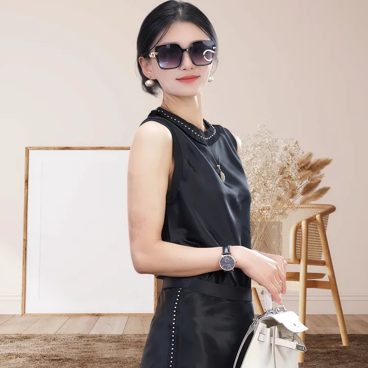 爆款100%醋酸面料黑色时尚修身款无袖套装夏季流行设计师圆领套装