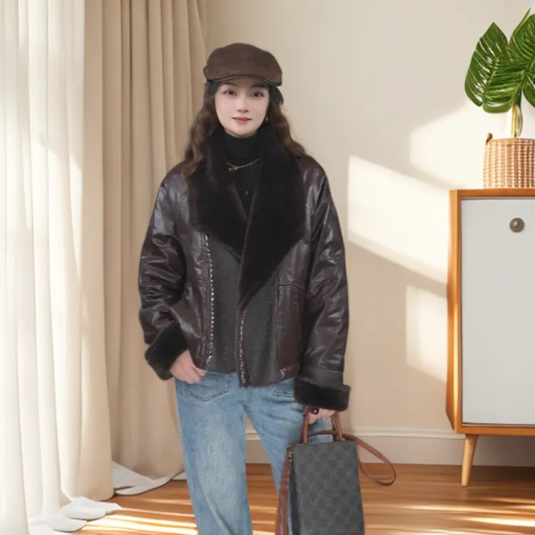 秋冬拉链宽松复古短款翻领 头层绵羊皮90鹅绒 皮毛一体常外套2589