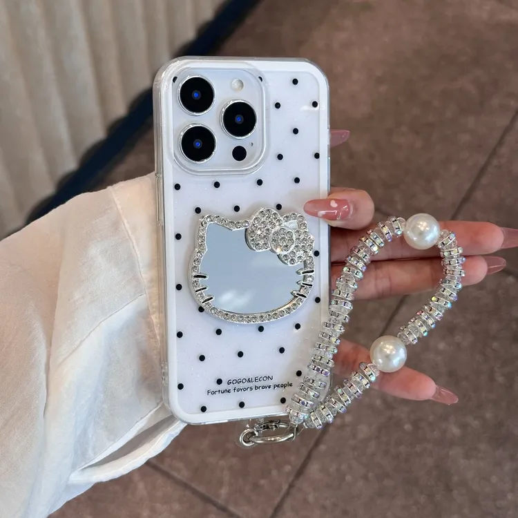 BANCABANCA波点闪钻凯蒂镜子挂链适用iPhone16/15闪粉13苹果14手