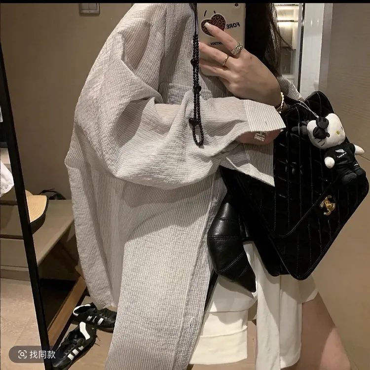 韩系慵懒风休闲宽松暗条纹防晒衬衫女夏季长款薄款百搭长袖上衣