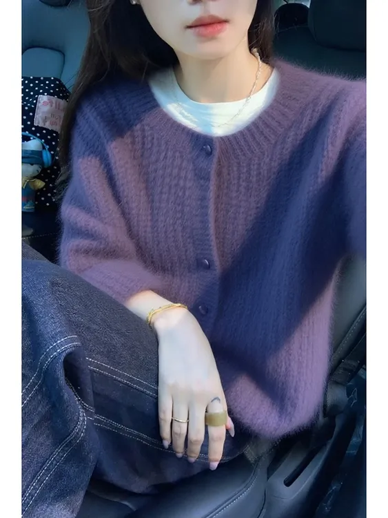 韩系慵懒风保暖软糯甜美风紫色毛衣开衫女冬内搭可外穿厚毛织上衣