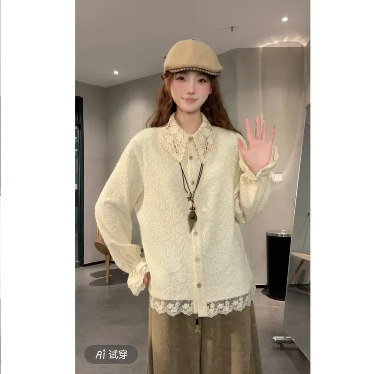 衬衫中长款法式气质显瘦女小众设计师款宽松休闲蕾丝拼接上衣