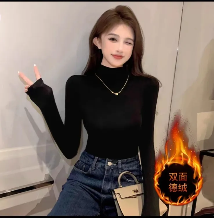黑色半高领打底衫内搭女2025年秋冬洋气保暖紧身百搭加绒上衣加厚