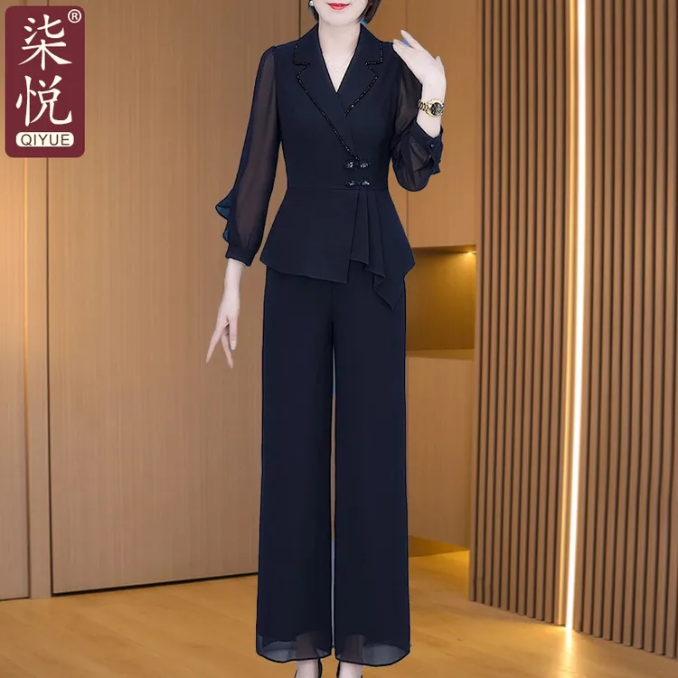 年轻妈妈春装雪纺套装洋气2025新款中老年女装春夏纱袖上衣两件套