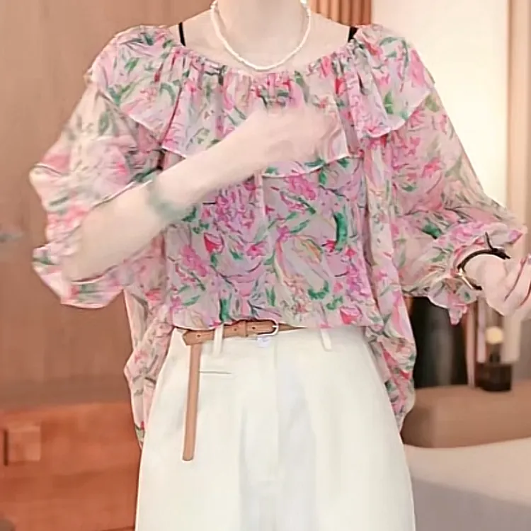 碎花荷叶边一字肩中袖衬衫2025夏季新款清新优雅时尚气质宽松上衣