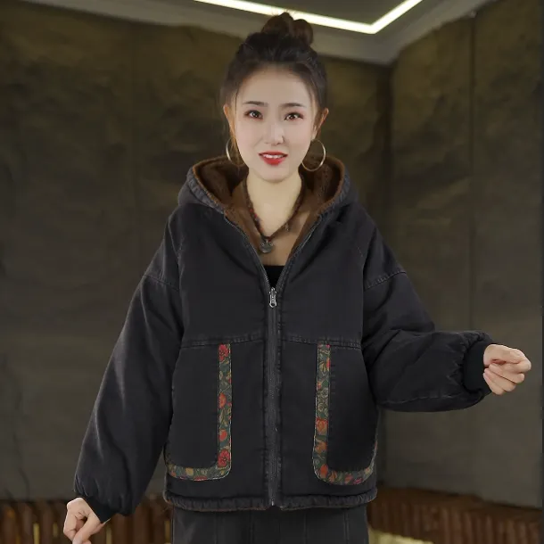 冬季新款加绒加棉加厚双面双穿保暖撞色牛仔连帽棉衣棉服2652