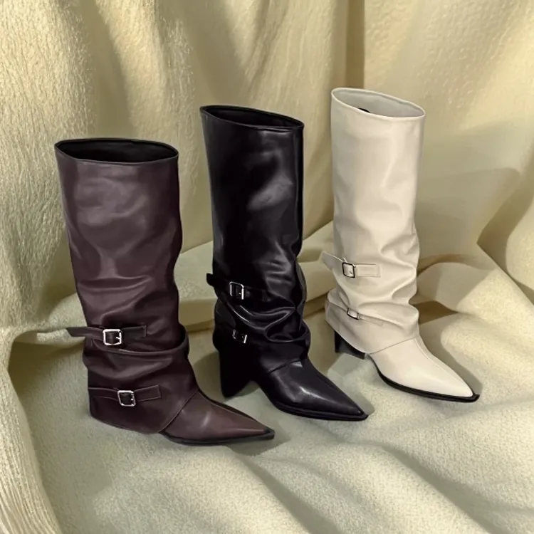 时尚气质排扣高跟裤管靴女粗跟尖头不过膝长靴皮带扣高筒靴长筒