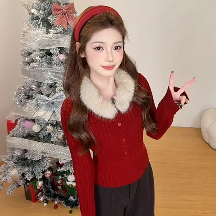 【红色妖姬】法式复古可拆卸毛毛领麻花毛衣针织衫冬季短女装上衣