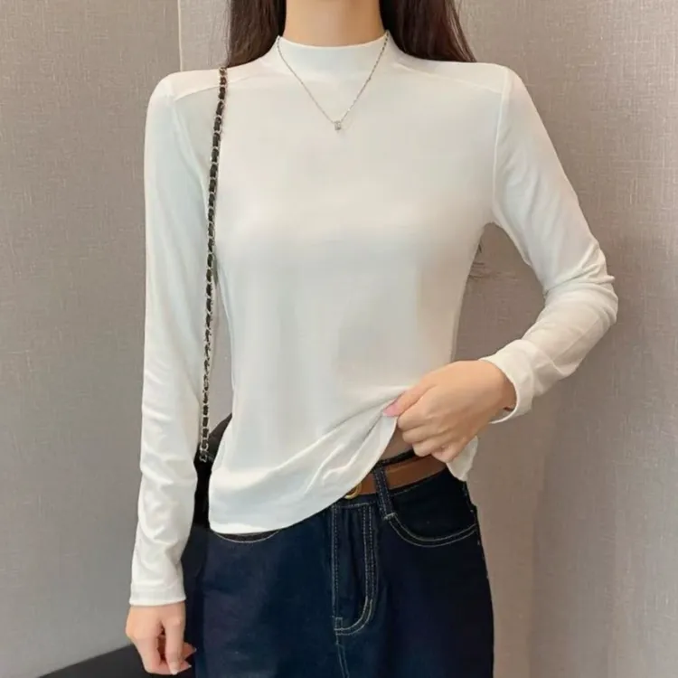 半高领鱼骨长袖t恤女2025春秋百搭修身显瘦中领打底衫上衣