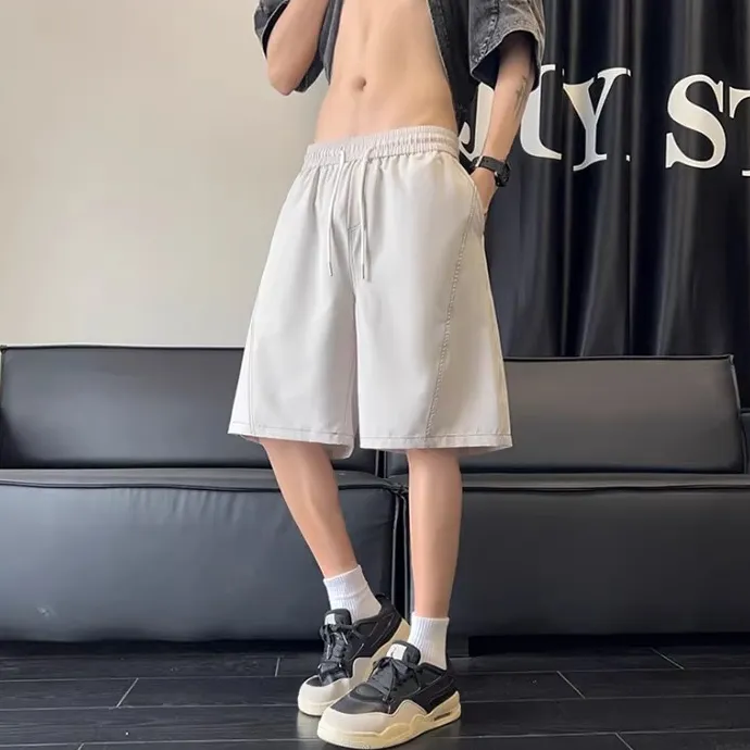 殿若轻奢辑明线冰丝短裤男夏季薄款潮牌休闲运动裤宽松直筒五分裤