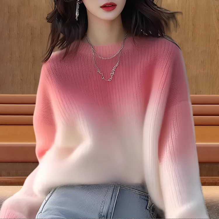 宽松遮肉休闲通勤针织毛衣高级感别致休闲气质渐变粉色圆领针织衫