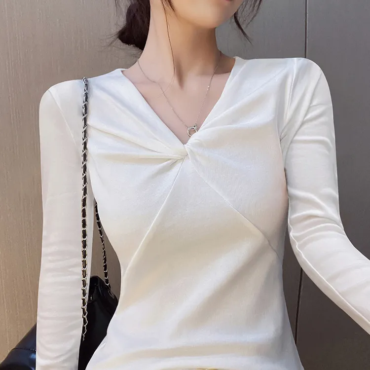 白色V领长袖打底衫女2025春秋新款法式扭结设计内搭修身打底上衣