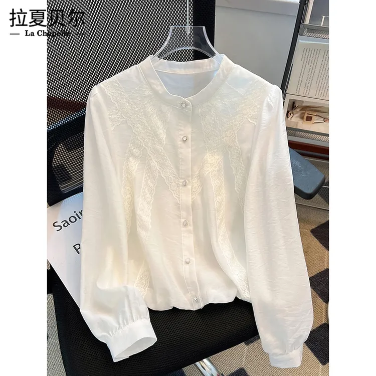 拉夏贝尔春夏季2025新款超好看蕾丝花边长袖漂亮小衫上衣气质白色