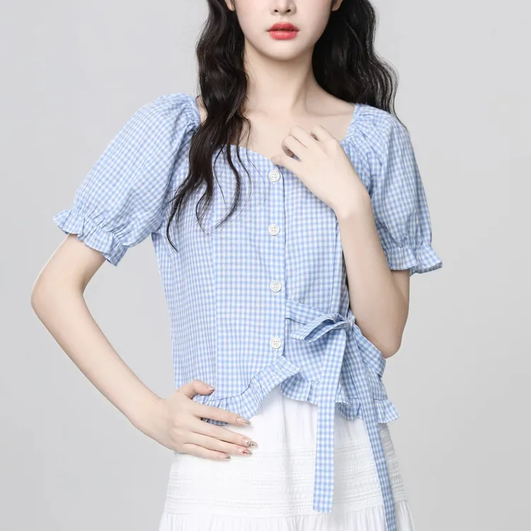新款泡泡袖收腰系带衬衣女2025夏季短上衣法式蓝色方领格子衬衫潮