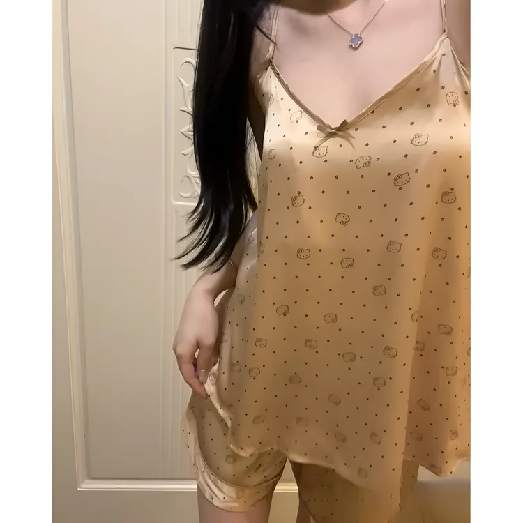 富婆kitty 珠光绸缎带胸垫吊带冰丝睡衣女夏季短裤家居服套装外穿