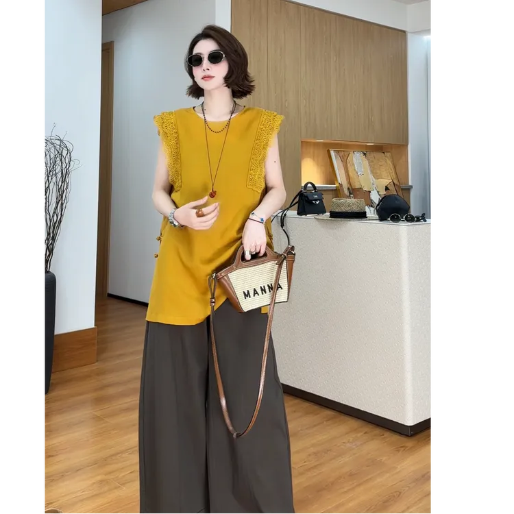 YYOUHAN 2025新款【华清引】蕾丝拼接百搭飞飞袖T恤上衣 2506C3431