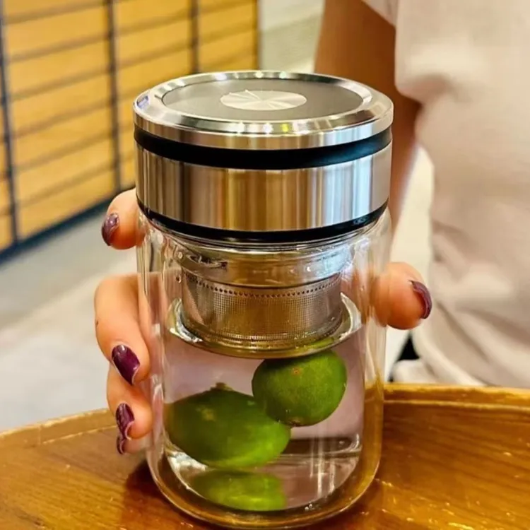 玻璃水杯透明高档车载过滤家用加厚茶水杯大容量隔热双层耐热便携