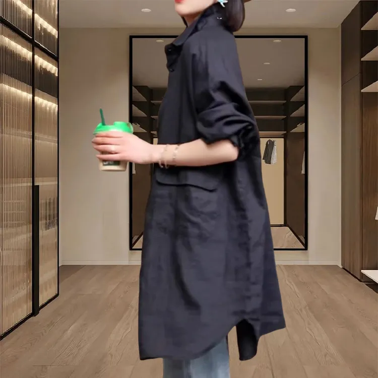 2025春秋新款上衣女时尚新款轻薄复古宽松显瘦中长款衬衫风衣外套