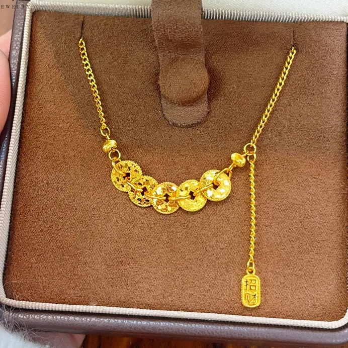 铜合金项链 金店同款碎冰冰猫眼五帝钱钱币流苏锁骨链气质简约