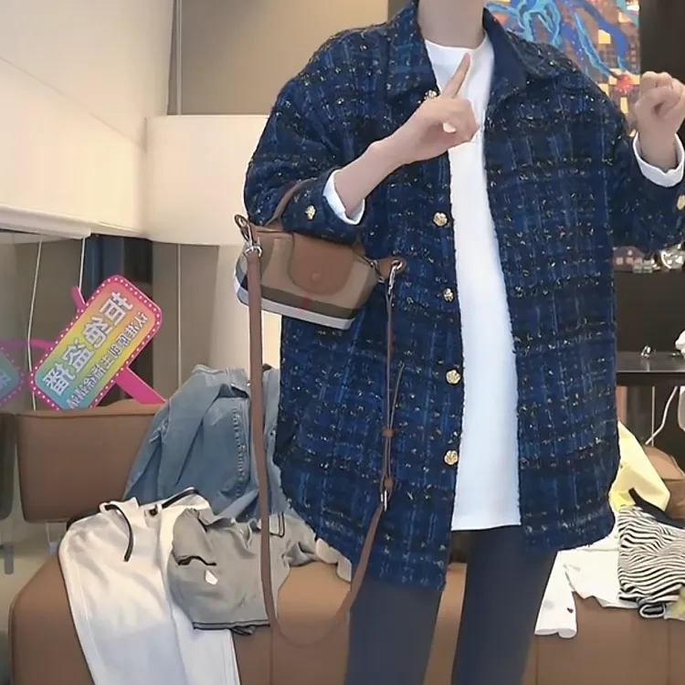 小香风复古格纹百搭单排扣开衫外套女2025新款春季时尚设计感衬衣