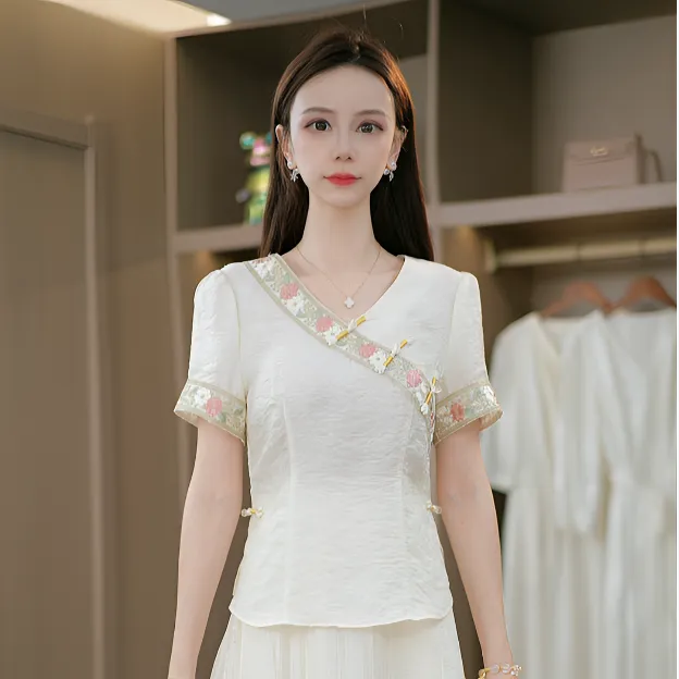 夏季气质简约大气国风提花刺绣收腰显瘦两件套套装M-4XL