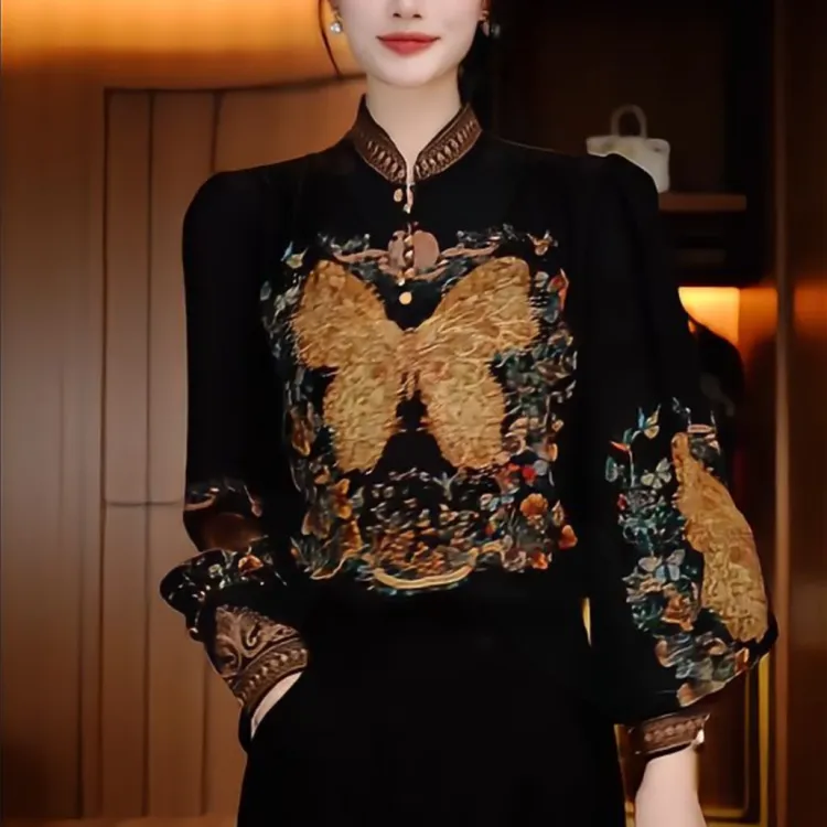【贵妇装】原创【彩蝶繁花】上衣百搭圆领优雅印花时尚遮肉感气质小衫