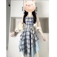 美式设计感蓝色扎染拼接收腰显瘦格纹吊带连衣裙四件套