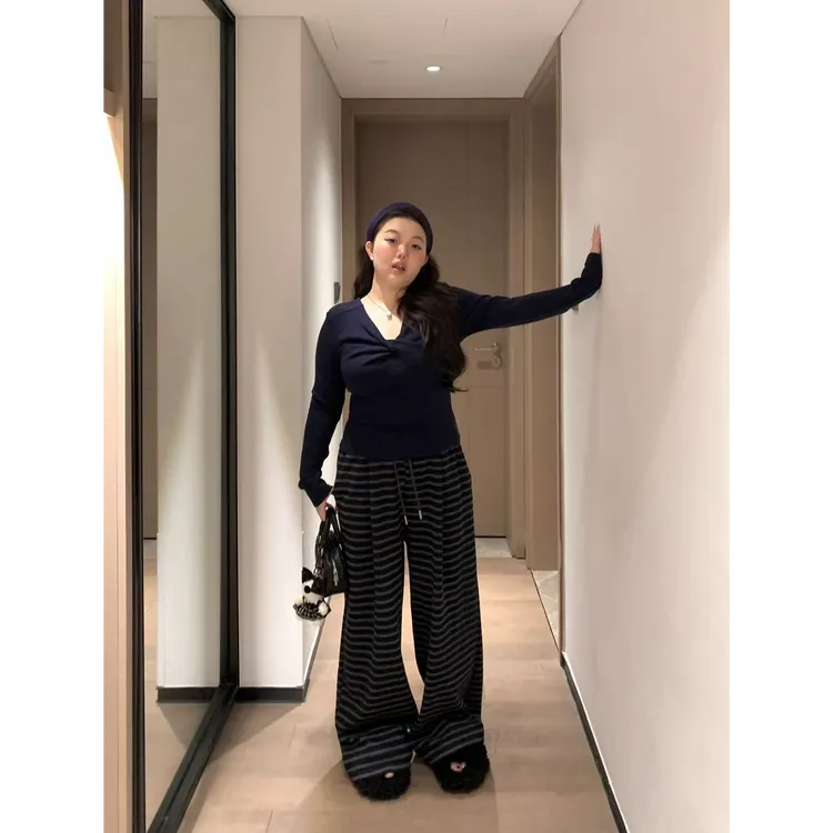 慧芝huizhi 超大码H012条纹裤 定制款 松紧腰微胖高腰显瘦休闲裤