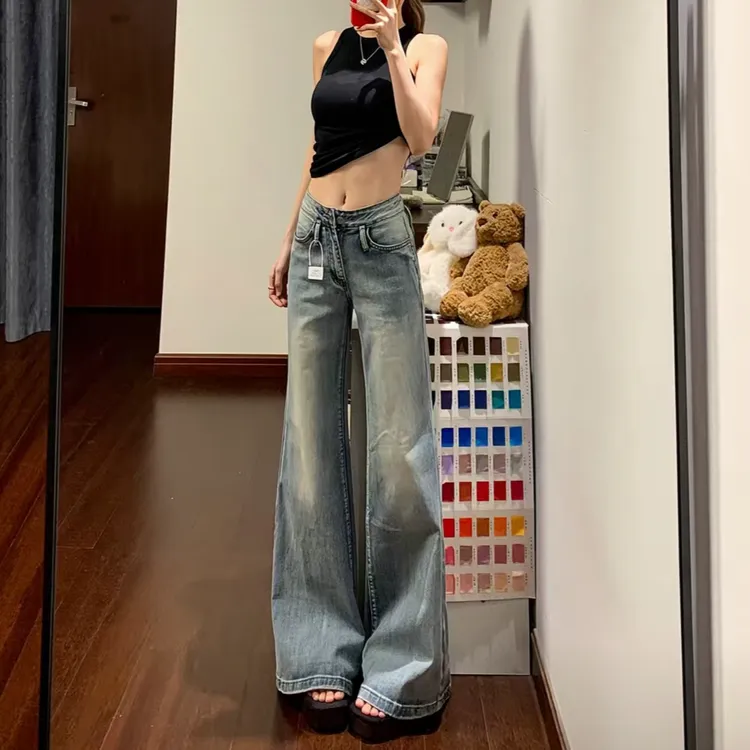 秋季纯欲慵懒风微喇牛仔裤女梨形身材不褪色高腰显瘦显腿长微喇裤