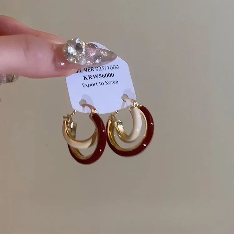 铜合金耳饰 复古酒红撞色耳扣小众设计感气质耳环秋冬新款高级感