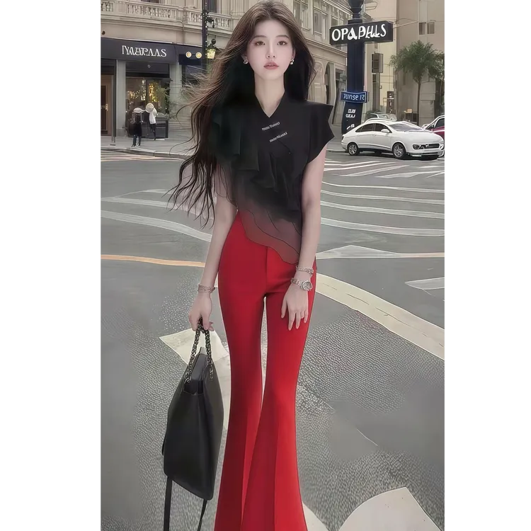 辣妹黑色性感上衣修身显瘦上衣个性宝石红裤子甜美气质小清新套装