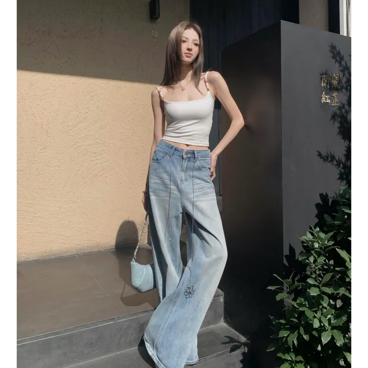 夏季新款洋气衣服女小众女装设计感露背吊带上衣印花阔腿裤套装女