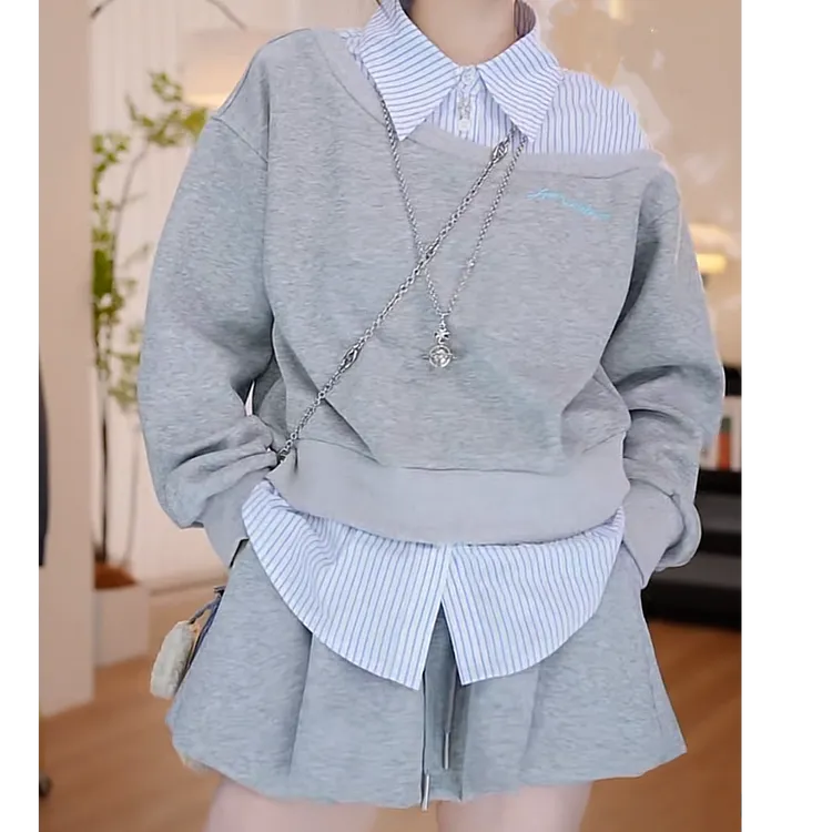 设计感假两件套头卫衣女2025春季新款百搭休闲时尚polo领长袖上衣