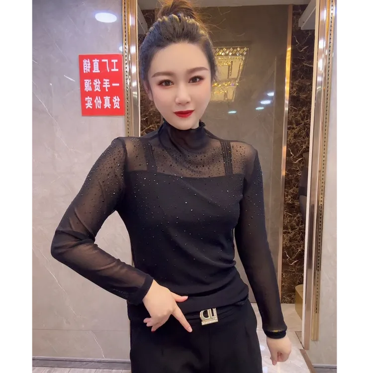 显瘦半高领打底衫2025新款网纱女装内搭修身长袖T恤女气质蕾丝