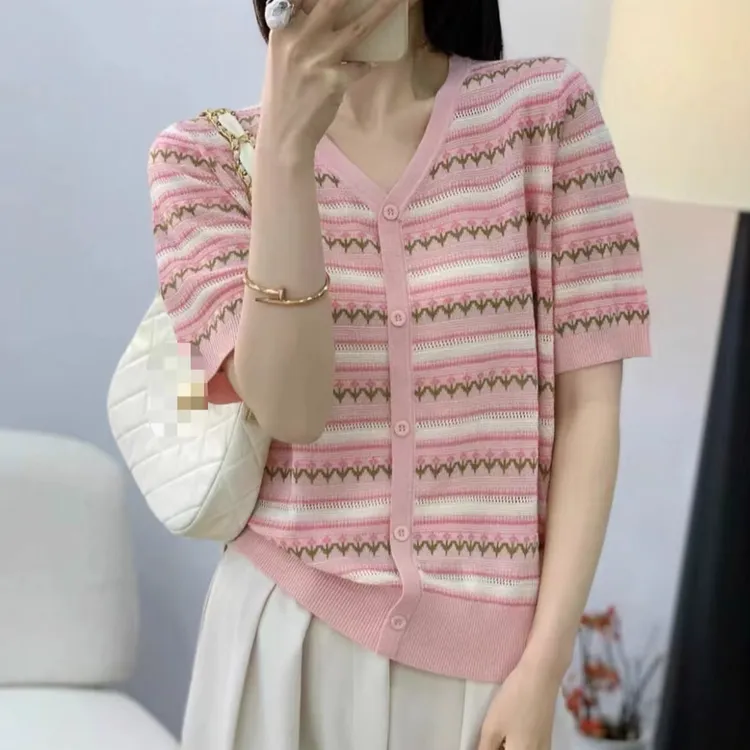 【80-160】欧若风穿搭春夏新款条纹针织衫百搭设计感拼色薄款小香风