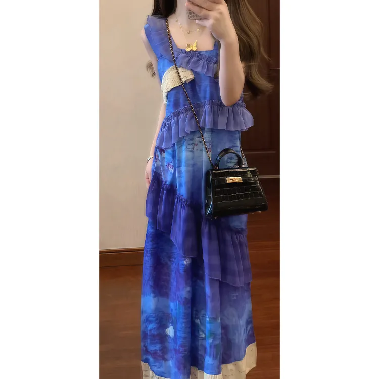 莫奈花园浪漫紫色油画晕染印花吊带连衣裙荷叶边度假风长裙9364